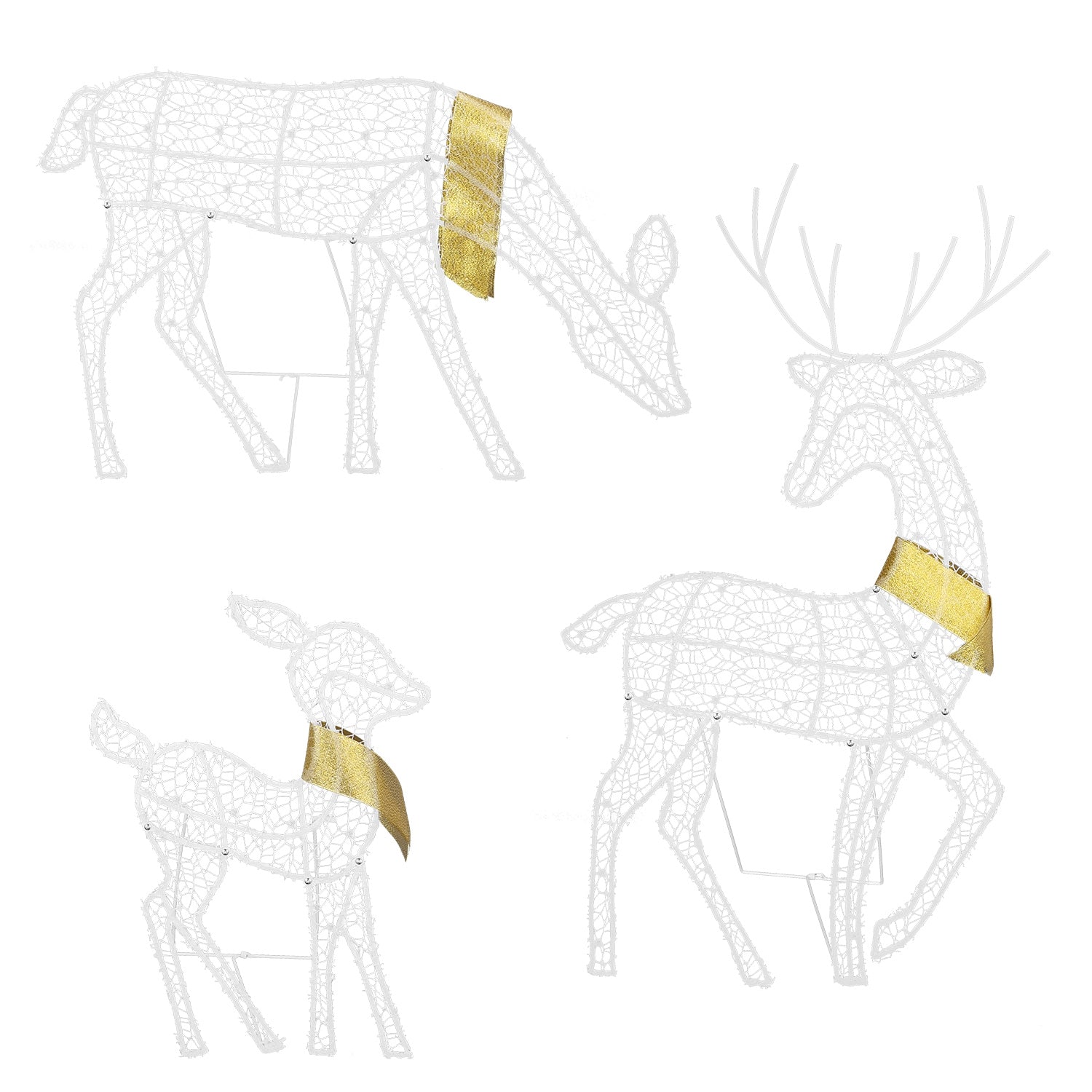 Set of three white wireframe Christmas reindeer with golden scarves, indoor or outdoor decoration