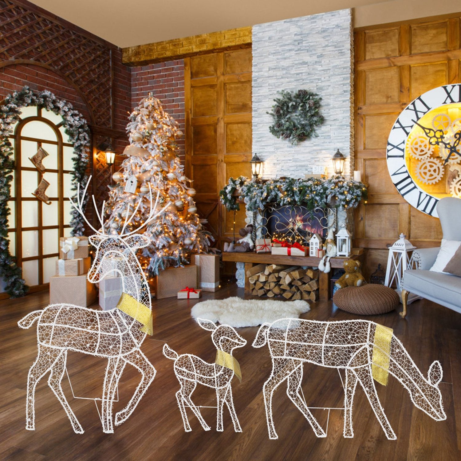 Cozy living room with lighted wireframe Christmas reindeer, decorated tree, gifts, fireplace, and large clock