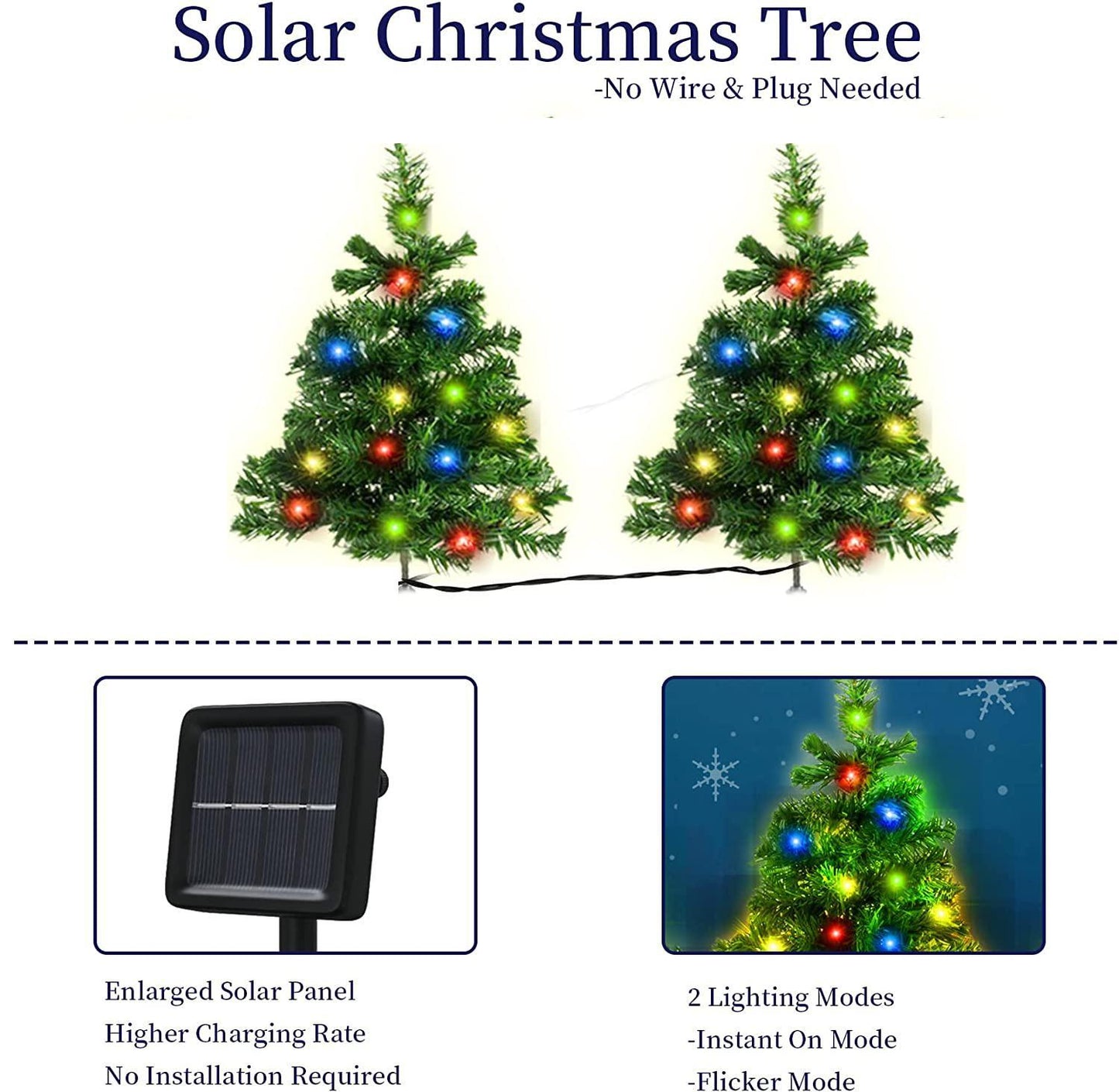Two small solar-powered Christmas trees with multicolor LED lights, connected by a wire and solar panel