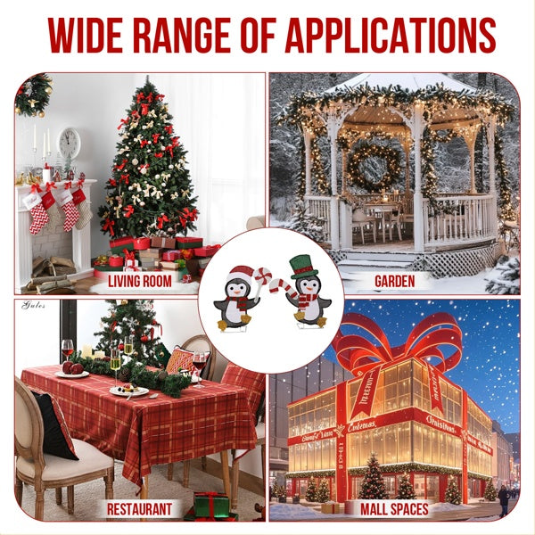 Christmas decor in living room, snowy garden gazebo lights, festive restaurant table, mall with large gift lighting