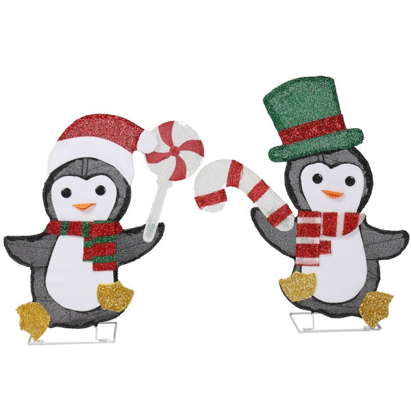 Two festive penguin Christmas decorations with LED lights, one with a Santa hat and candy cane, the other with a green top hat and striped scarf