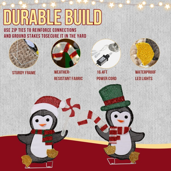 Two festive penguin Christmas yard decorations with warm white LED lights, one wearing Santa hat, the other top hat
