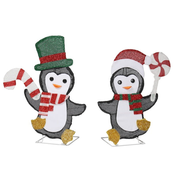 Two festive penguin Christmas decorations with candy cane and peppermint, wearing hats and scarves