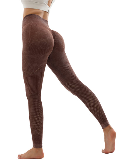 Side view of woman wearing brown seamless high-waisted leggings with butt-lifting design