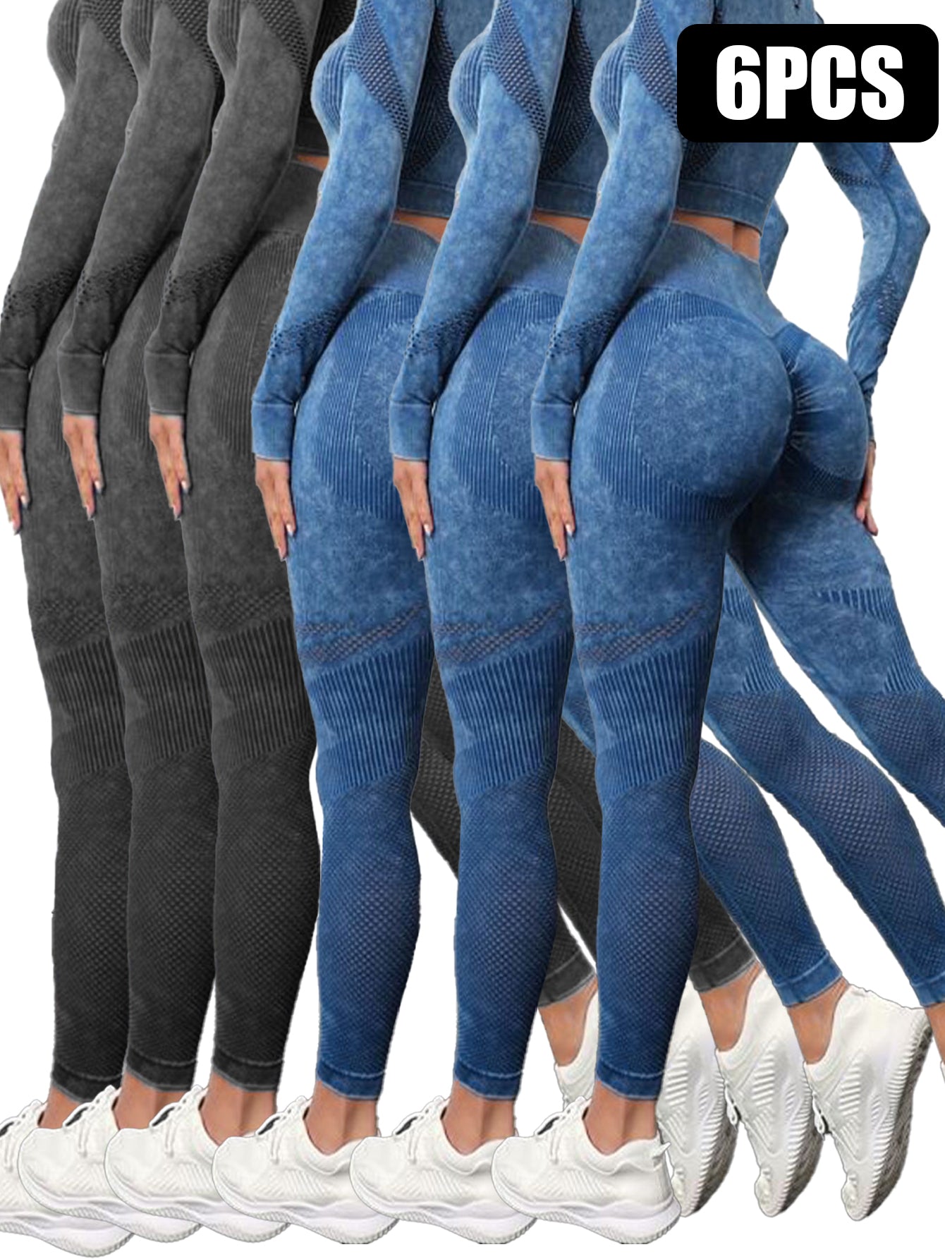 Six-pack seamless tummy control leggings for women in blue and black with textured design