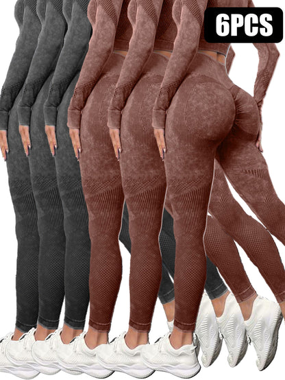 6-pack seamless mesh cut-out leggings for women in black and brown with white sneakers