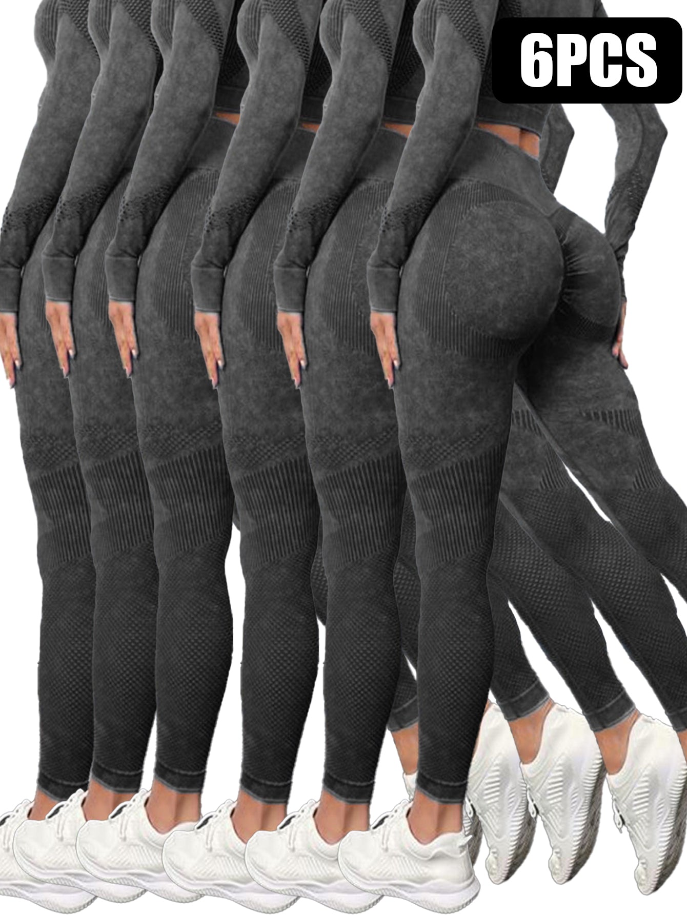 Six pairs of black textured seamless leggings for women with tummy control, shown from the back