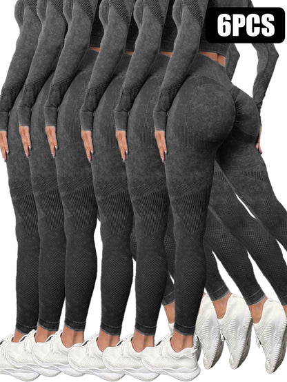 Six pairs of black textured seamless leggings for women with tummy control, shown from the back