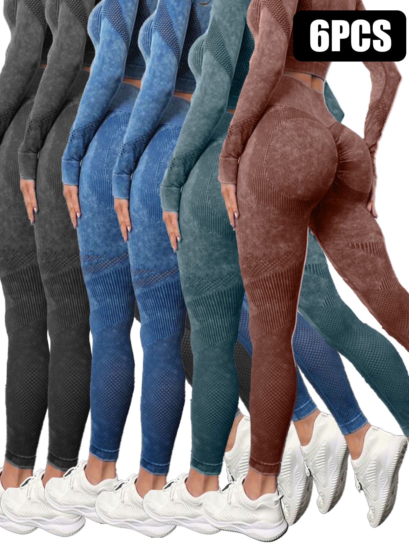 Six-pack of women's high-waisted seamless mesh leggings in black, blue, green, and brown colors