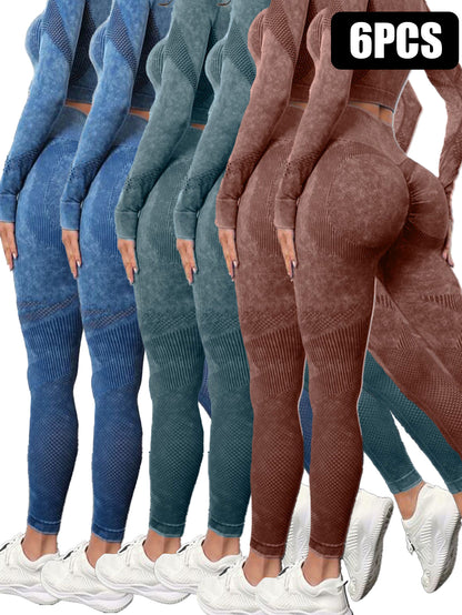Six-pack of women's textured mesh cut-out leggings in blue, green, and brown colors with tummy control