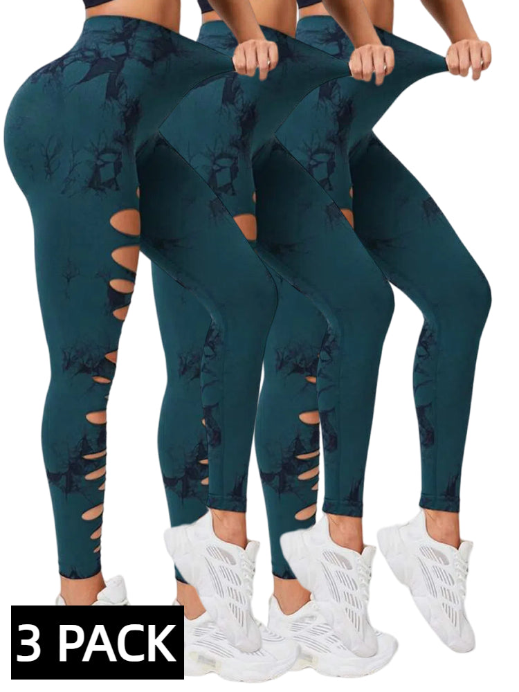 Three pack of high waist butt lifting yoga leggings with side cutouts in dark tie-dye pattern