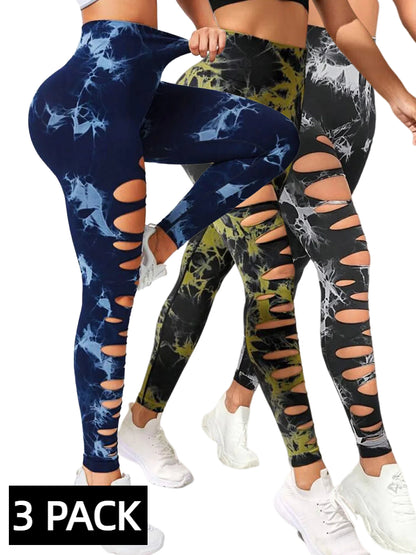 Three women wearing 3-pack tie-dye, ripped, high-waist, butt-lifting yoga leggings in blue, green, and black colors with white sneakers