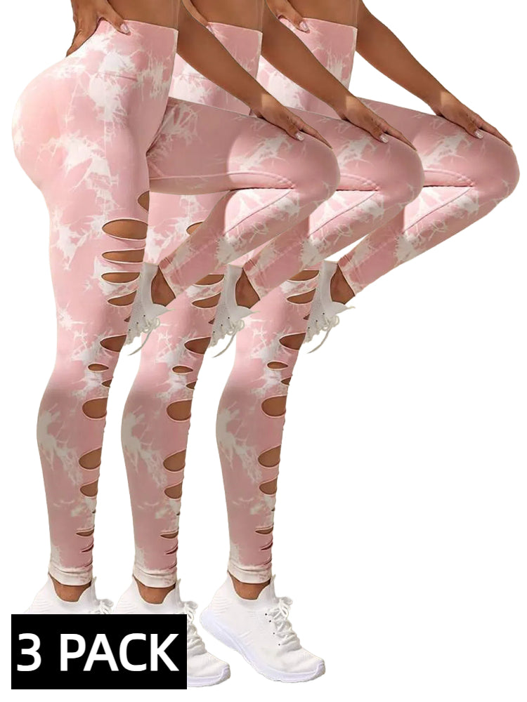 Three-pack of pink tie-dye high-waist yoga leggings with tummy control and cutout designs