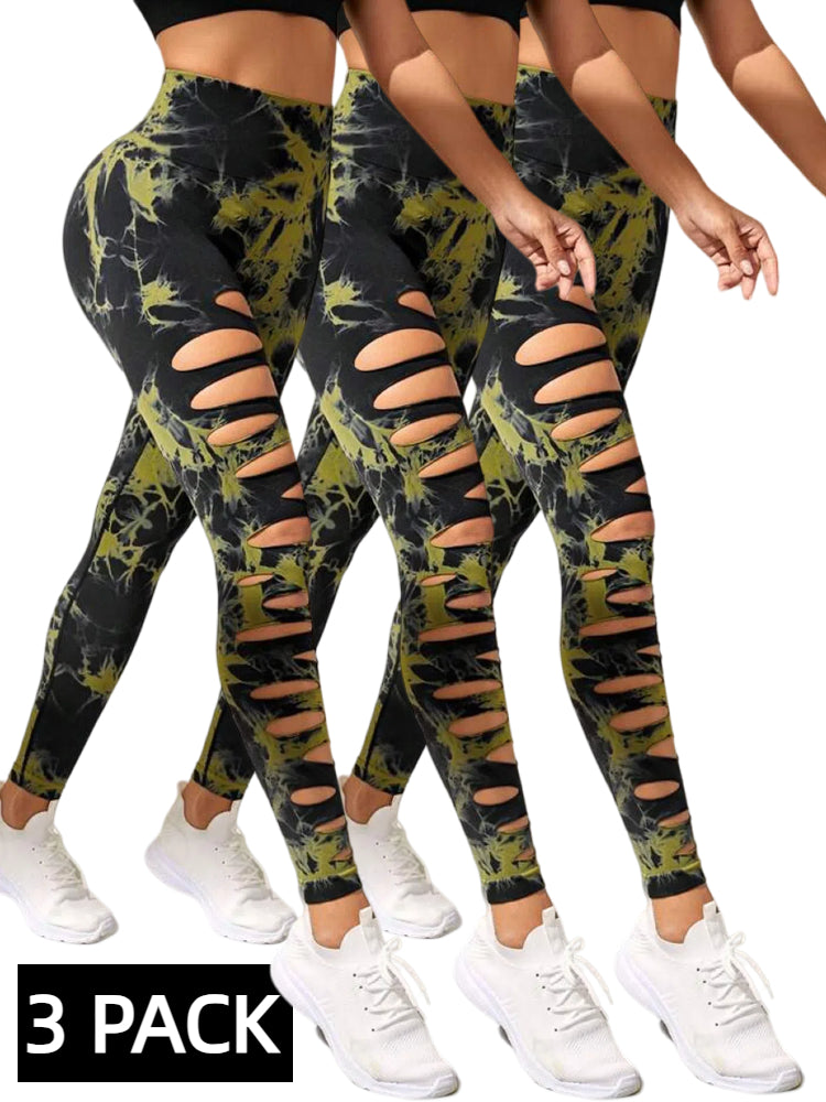 Three pack of black and yellow tie-dye high waist leggings with side cutouts, modeled with white sneakers