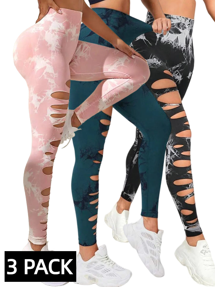 Three-pack of women's high-waist tie-dye leggings with side cutouts in pink, teal, and black colors
