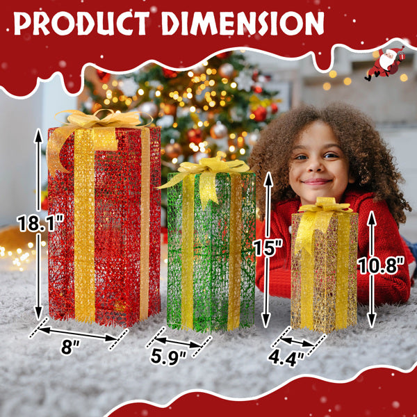 Three lighted gift boxes with warm white LEDs in red, green, and gold, with size dimensions shown, and a smiling child in background