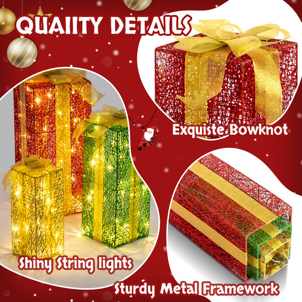 Lighted 3pc gift boxes with warm white LED string lights, golden bowknot, sturdy metal frames