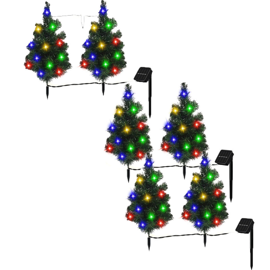 Set of multicolored LED solar Christmas tree pathway lights with green pine branches
