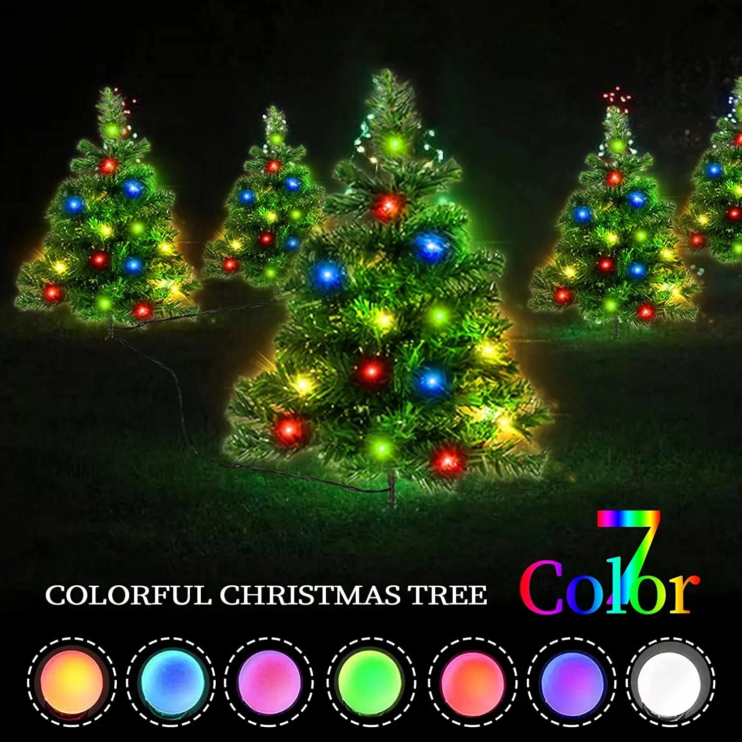 Multicolored LED-lit Christmas trees in a dark outdoor setting showcasing seven color options