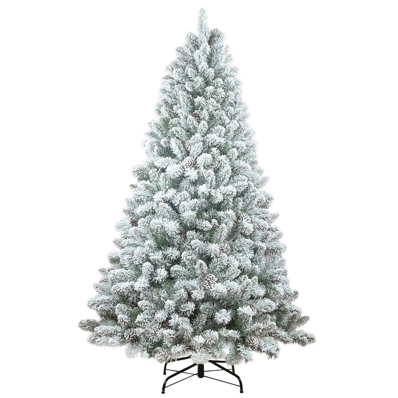 5.4ft flocked artificial Christmas tree with realistic pine cones and green needles on metal stand