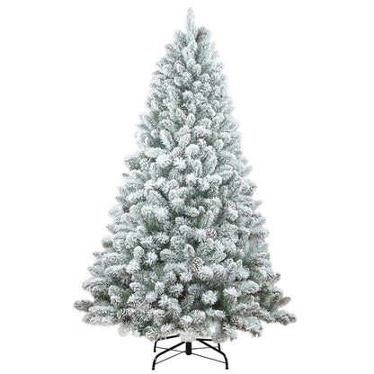 5.4ft flocked artificial Christmas tree with realistic pine cones and green needles on metal stand