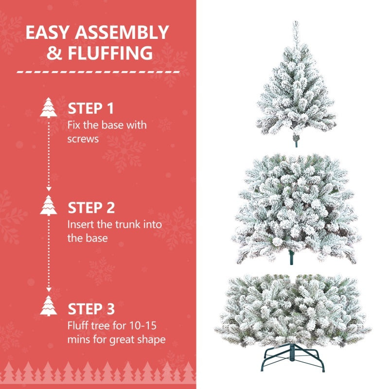 Step-by-step assembly of 5.4ft flocked PVC Christmas tree with pine cones on white background