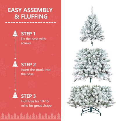 Step-by-step assembly of 5.4ft flocked PVC Christmas tree with pine cones on white background