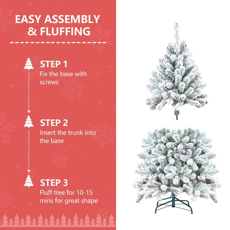 Flocked artificial Christmas tree with pine cones in easy step-by-step assembly and fluffing guide