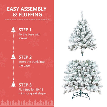 Flocked artificial Christmas tree with pine cones in easy step-by-step assembly and fluffing guide