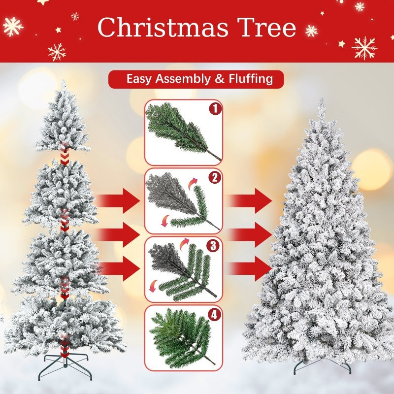 5.4ft flocked PVC Christmas tree with pine cones, easy assembly and fluffing steps shown