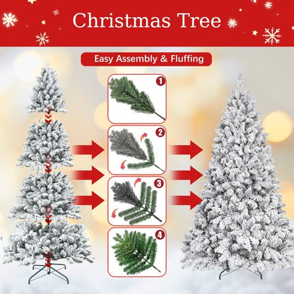 5.4ft flocked PVC Christmas tree with pine cones, easy assembly and fluffing steps shown