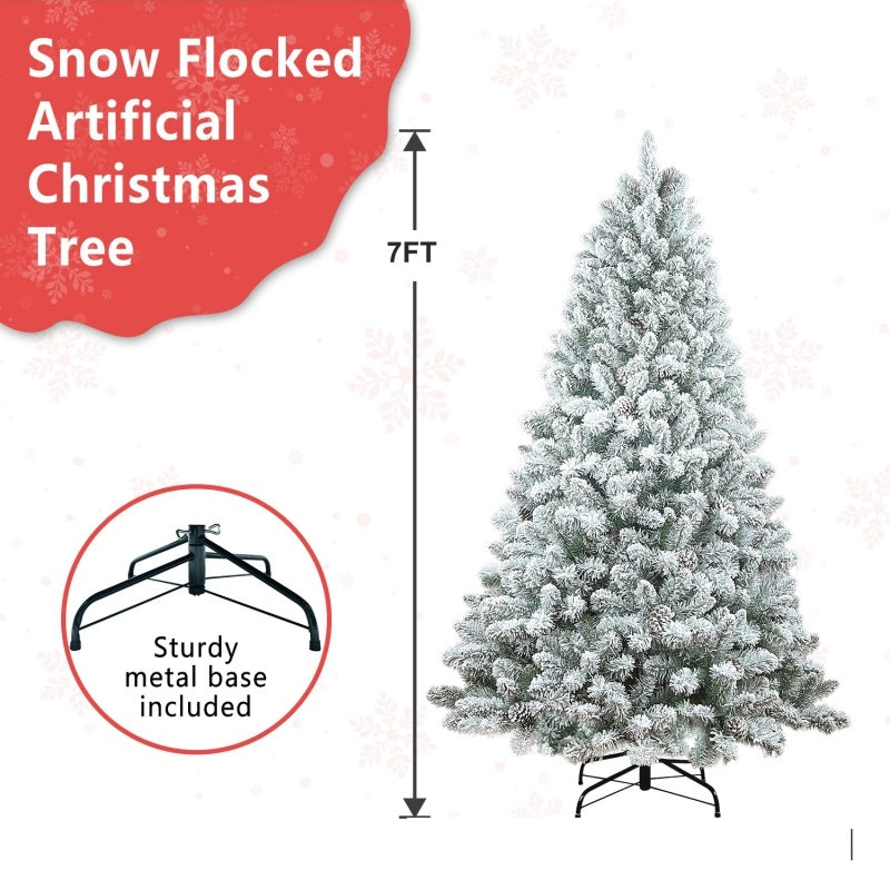 7ft snow flocked artificial Christmas tree with pine cones and sturdy metal base