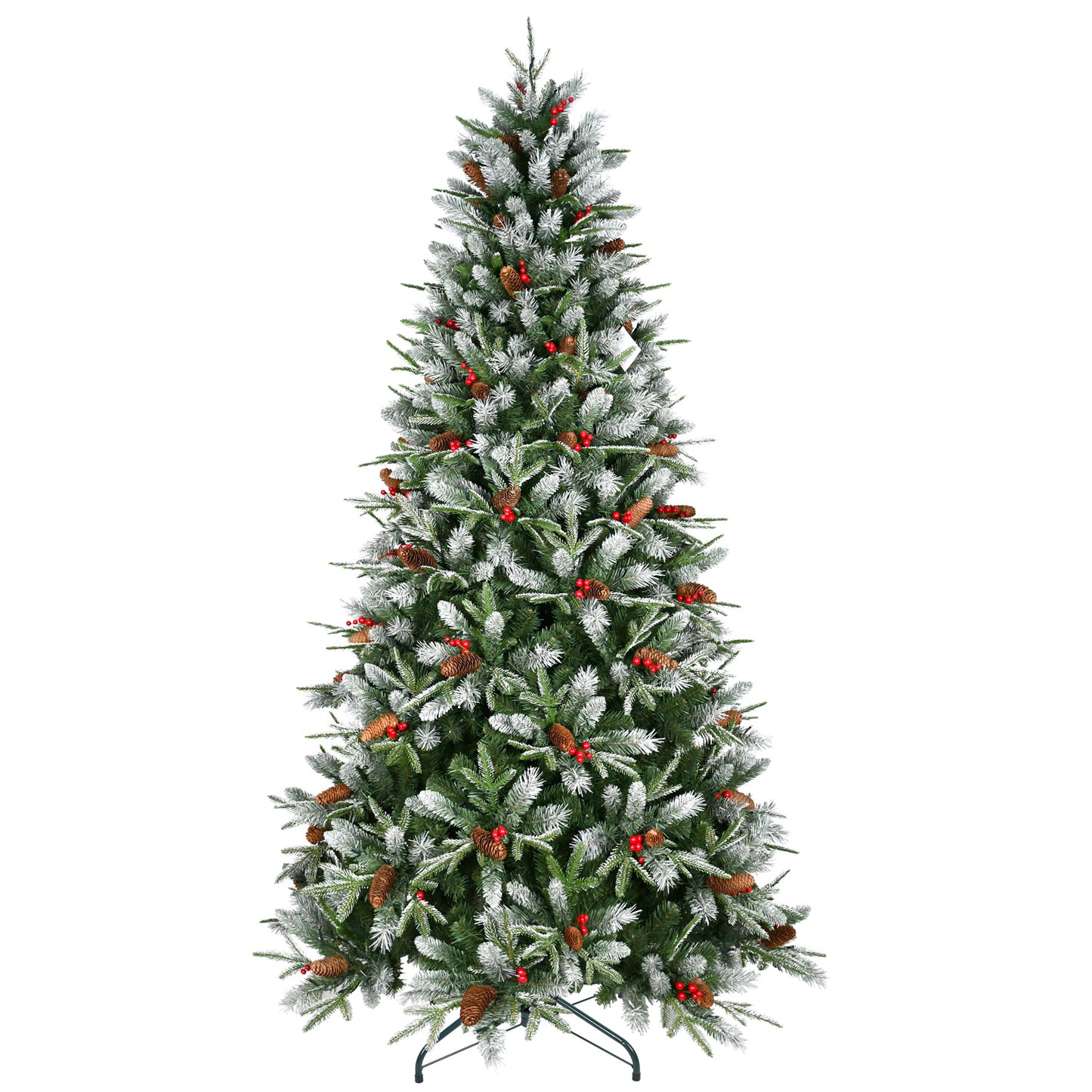 4.8ft artificial Christmas tree with flocked pine needles, pine cones, and red berries on metal stand