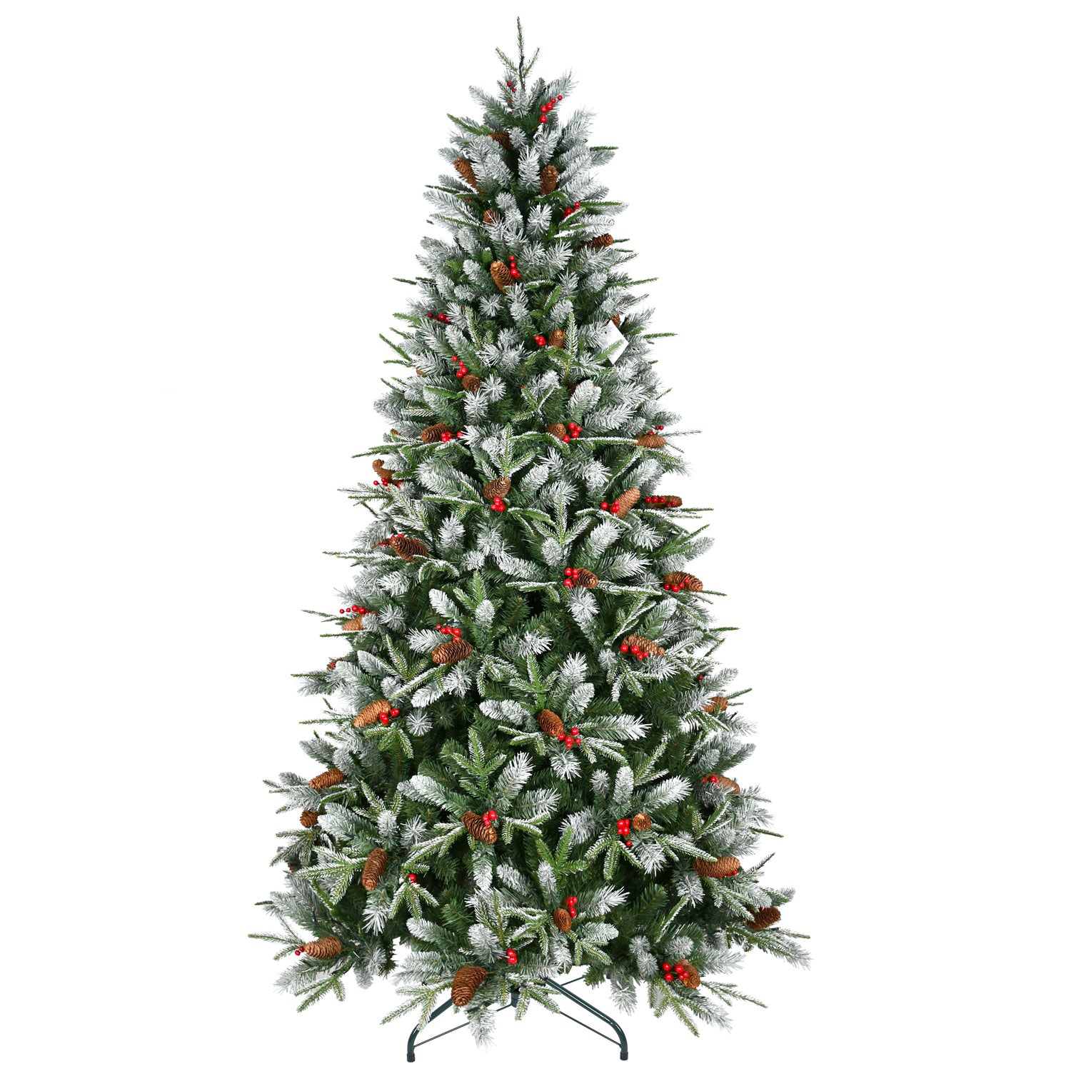 4.8ft artificial Christmas tree with flocked pine needles, pine cones, and red berries on metal stand