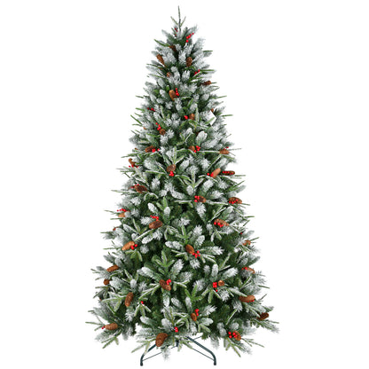 4.8ft artificial Christmas tree with flocked pine needles, pine cones, and red berries on metal stand