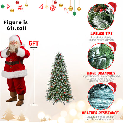 5ft artificial Christmas tree with pine cones, red berries, snow-dusted lifelike tips, and hinge branches