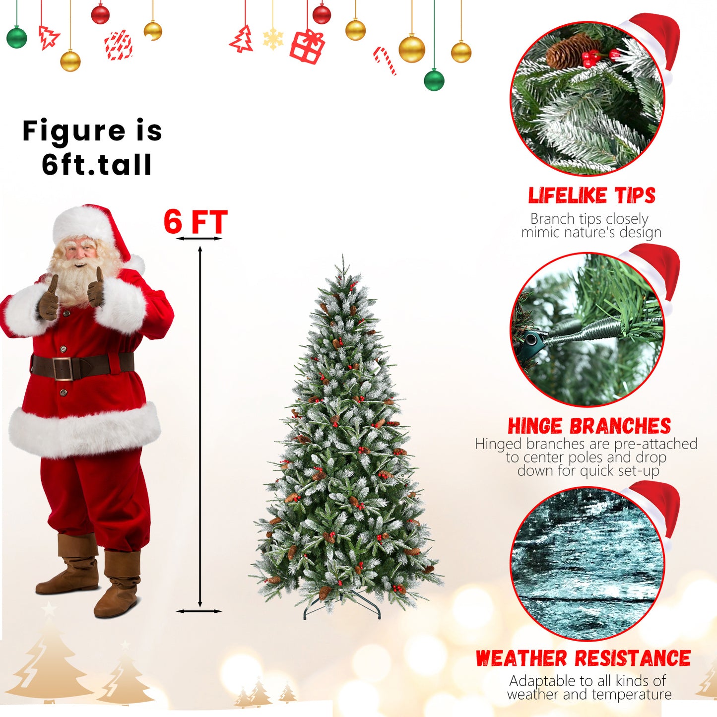 6ft artificial Christmas tree with frosted tips, red berries, pine cones, hinged branches, weather-resistant design