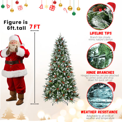 7ft artificial Christmas tree with red berries, pine cones, lifelike hinged branches, and weather resistance