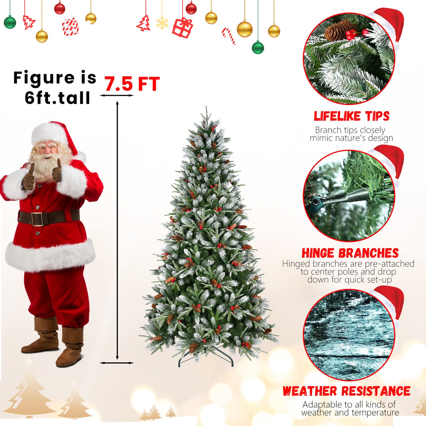 7.5ft artificial Christmas tree with pine cones, red berries, hinged branches, and weather resistance