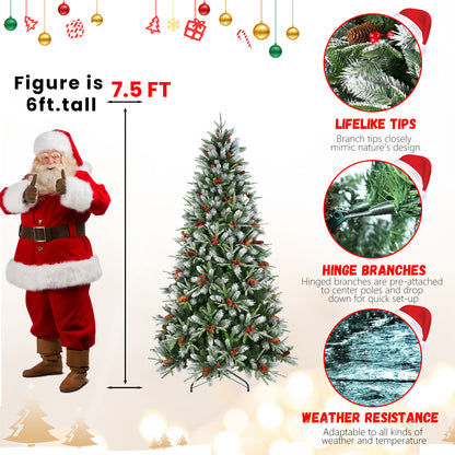 7.5ft artificial Christmas tree with pine cones, red berries, hinged branches, and weather resistance