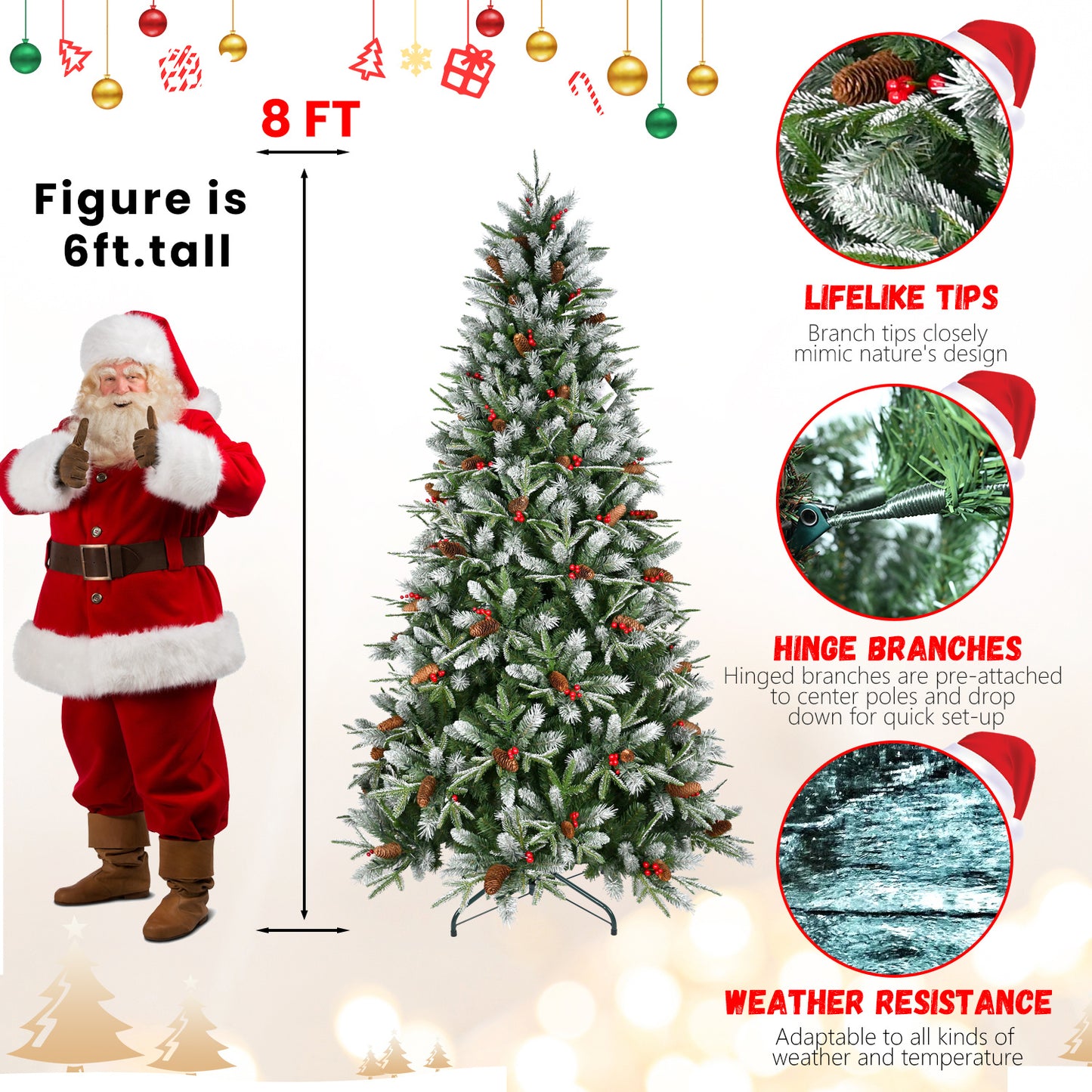 8ft artificial Christmas tree with frosted pine tips, red berries, pine cones, and hinged branches