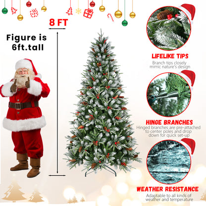8ft artificial Christmas tree with frosted pine tips, red berries, pine cones, and hinged branches
