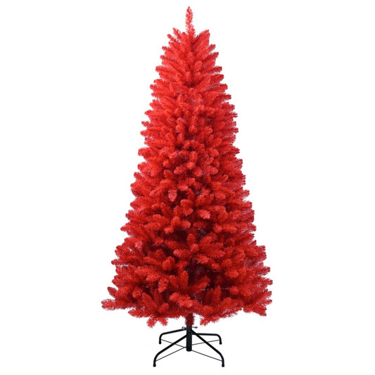 Red PVC artificial Christmas tree with dense branches on black metal stand