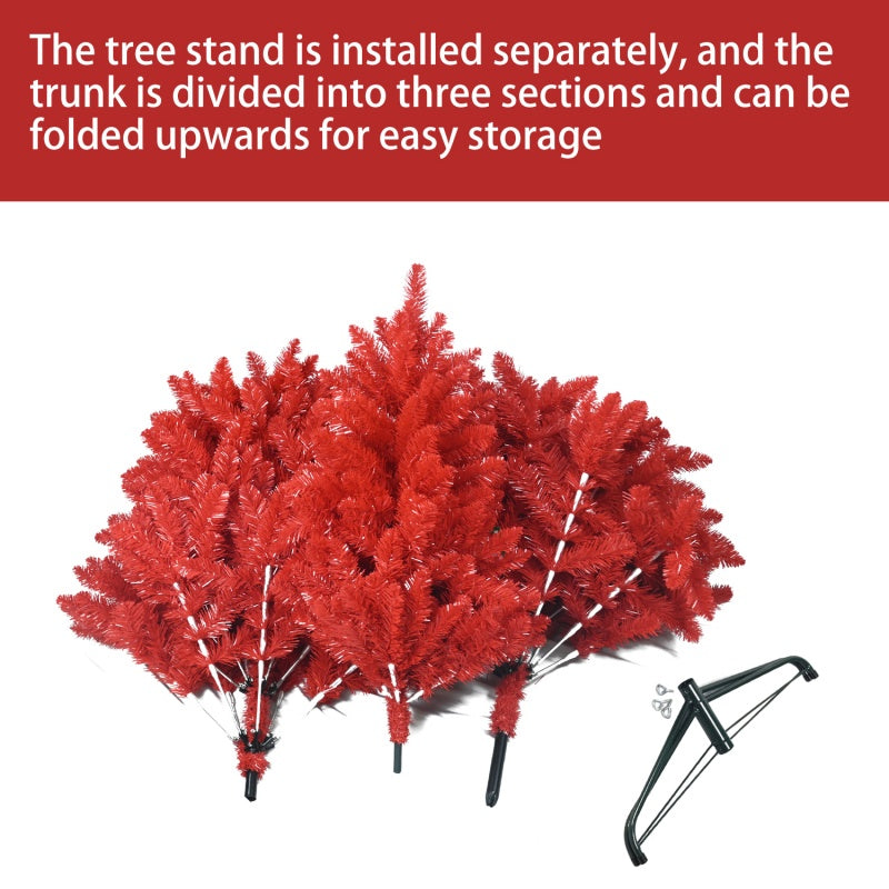 Folded red PVC Christmas tree sections with separate black tree stand on white background