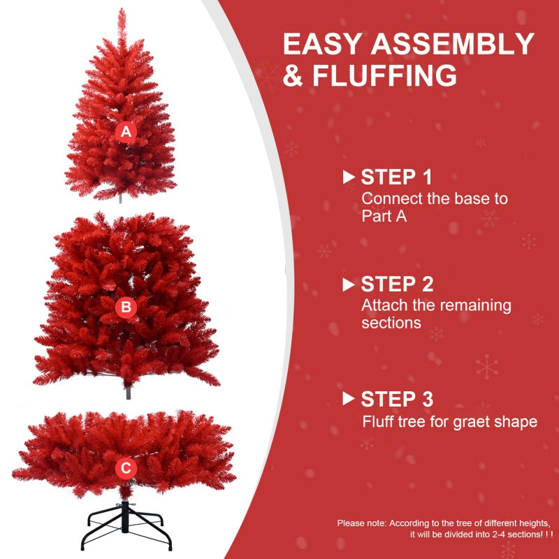 Red PVC Christmas tree parts labeled A B C with easy three-step assembly and fluffing instructions