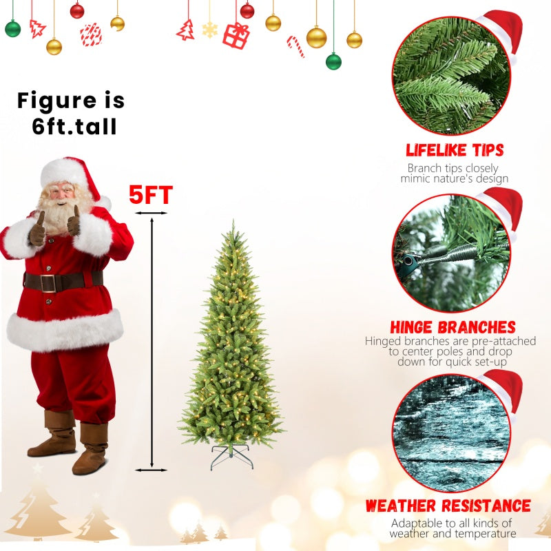 5ft artificial Christmas tree with warm white LED lights, lifelike branch tips, hinged branches, and weather resistance shown next to 6ft tall Santa figure