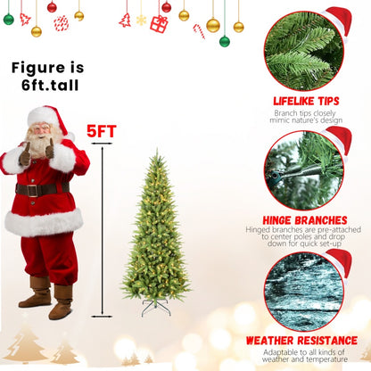 5ft artificial Christmas tree with warm white LED lights, lifelike branch tips, hinged branches, and weather resistance shown next to 6ft tall Santa figure