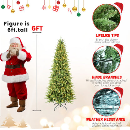 6ft tall artificial Christmas tree with warm white LED lights, lifelike tips, hinged branches, and weather resistance