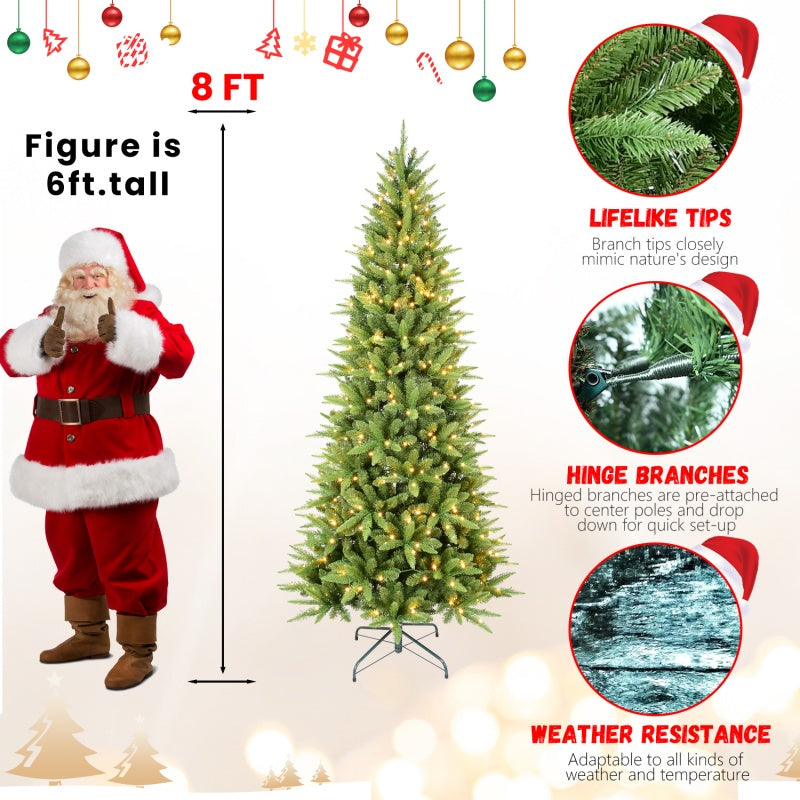 8ft artificial Christmas tree with warm white LED lights, lifelike PE tips, hinged branches, weather resistant