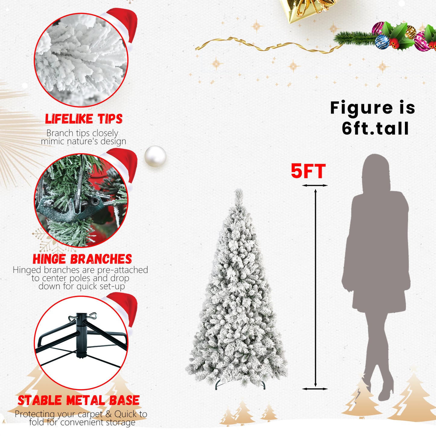 5ft flocked PVC Christmas tree with lifelike tips, hinged branches, stable metal base, and warm white LED lights
